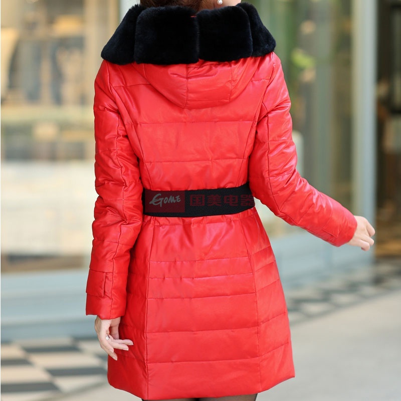 dngr2013冬季正品真皮中长款獭兔领l连帽女士羽绒服顺丰包邮红色mxlx
