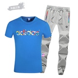 Adidas阿迪达斯三叶草男款纯棉短袖长裤套装 男士休闲运动跑步运动套装1896(灰蓝 4XL)