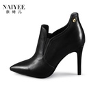 法国NAIYEE 2016秋季新款时尚女鞋子性感牛皮尖头细跟女士踝靴(黑色 39)