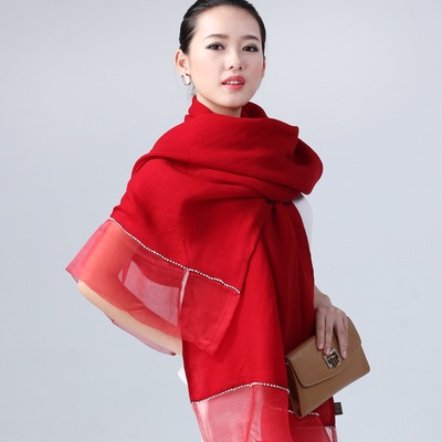 上海故事专柜正品 秋冬新款 女羊毛真丝双面双层加厚超长围巾披肩(红色)
