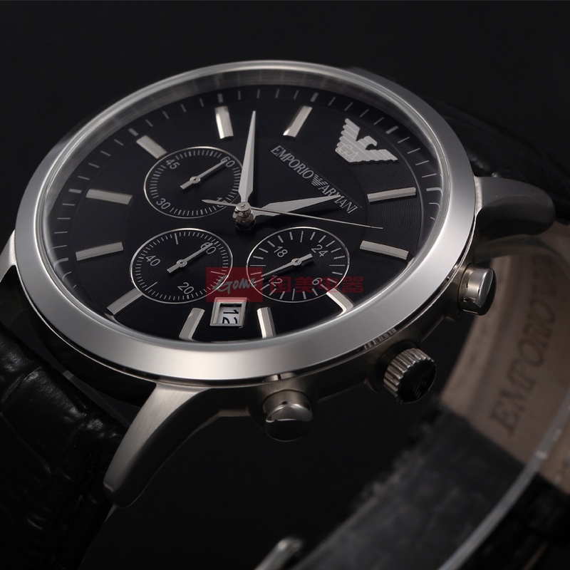 armani阿玛尼男表ar2447 时尚休闲皮带 黑色钢制三眼日历圆形表盘图片