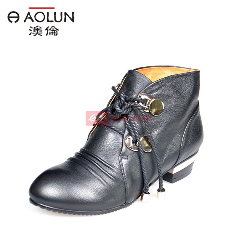 【澳伦女靴黑色35图片】aolun/澳伦 女式真皮皮靴 经典高帮系带皮鞋