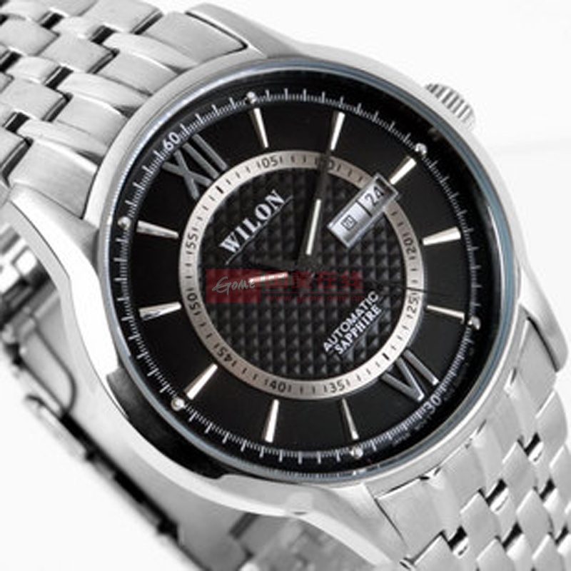 包邮香港威龙wilon全钢实心表带双历商务男士手表全自动机械表5007(银
