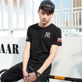卡郎琪 男士新款夏装韩版短袖T恤 男青年修身款韩版大码个性图案圆领半袖打底衫(KLQJM-16213黑色 XL)