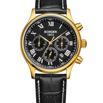 宾格binger手表时尚休闲全自动机械表男士手表皮带三眼罗马刻度防水