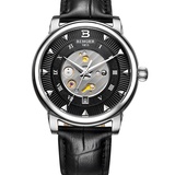 宾格（BINGER）手表新款机械镂空商务腕表男表男士手表皮带手表男时尚潮流(本色黑面)